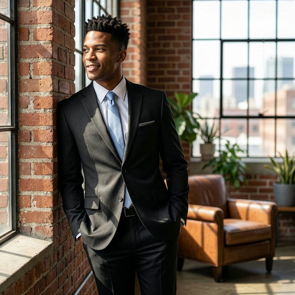 New 2026 Mens 2pc Sharkskin Black Suit Set, Slim Fit